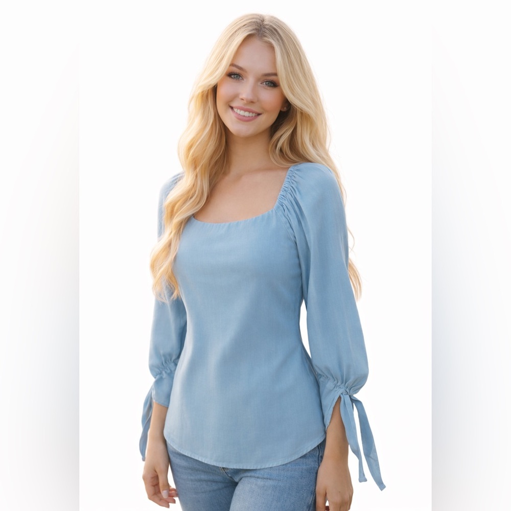 KAREN KANE NWOT Faded Chambray Puff Sleeve Square Neck Top S